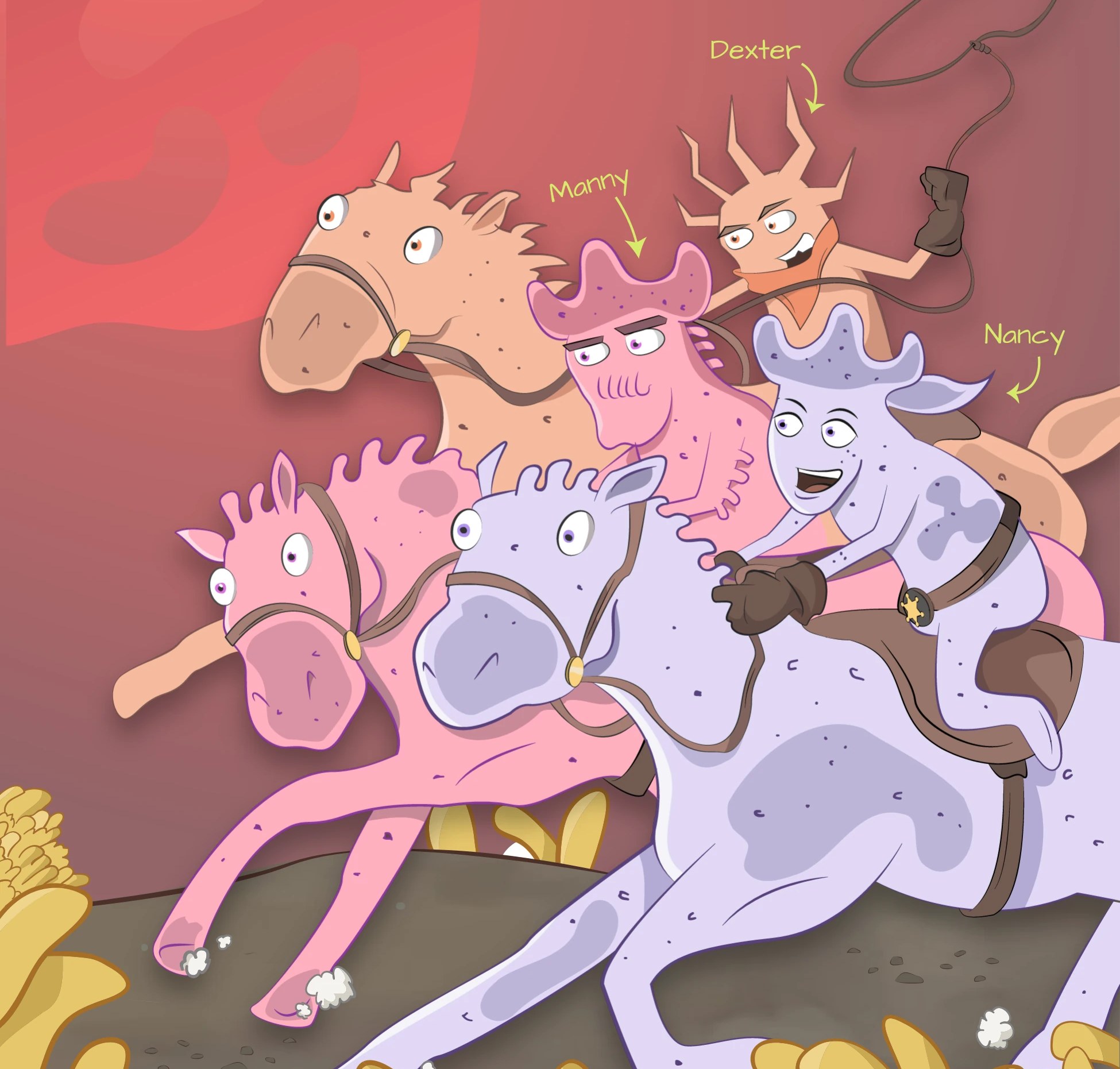 Manny, Dexter and Nancy riding together across the prairie